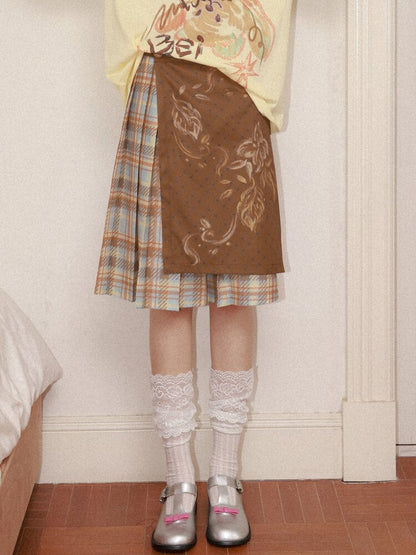 Plaid Flower Pleated Spliced Skirt【s0000015465】
