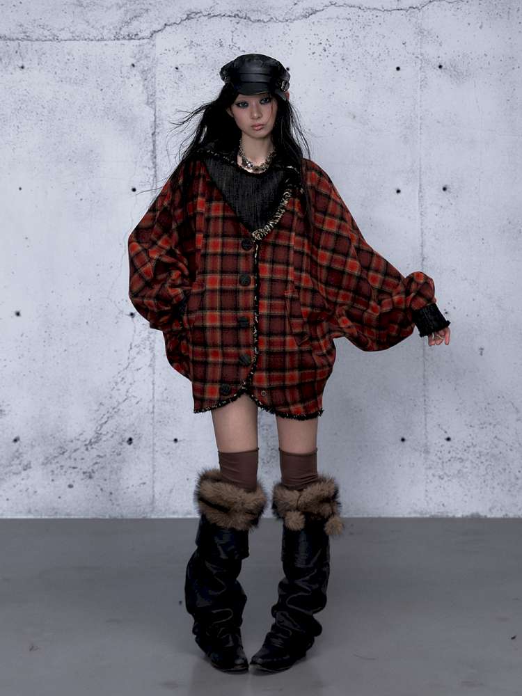 Punk Plaid Denim Bat Woolen Coat【s0000014929】