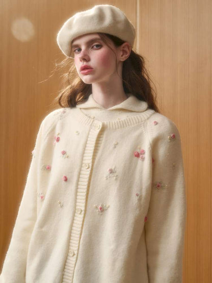Wool Hand-Embroidered Flower Sweater Cardigan【s0000014891】