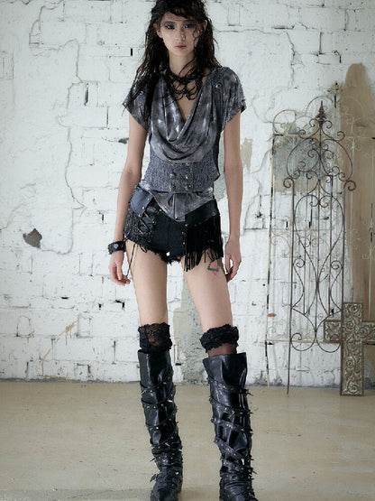 Chain Fringe Patchwork Denim Shorts【s0000016980】