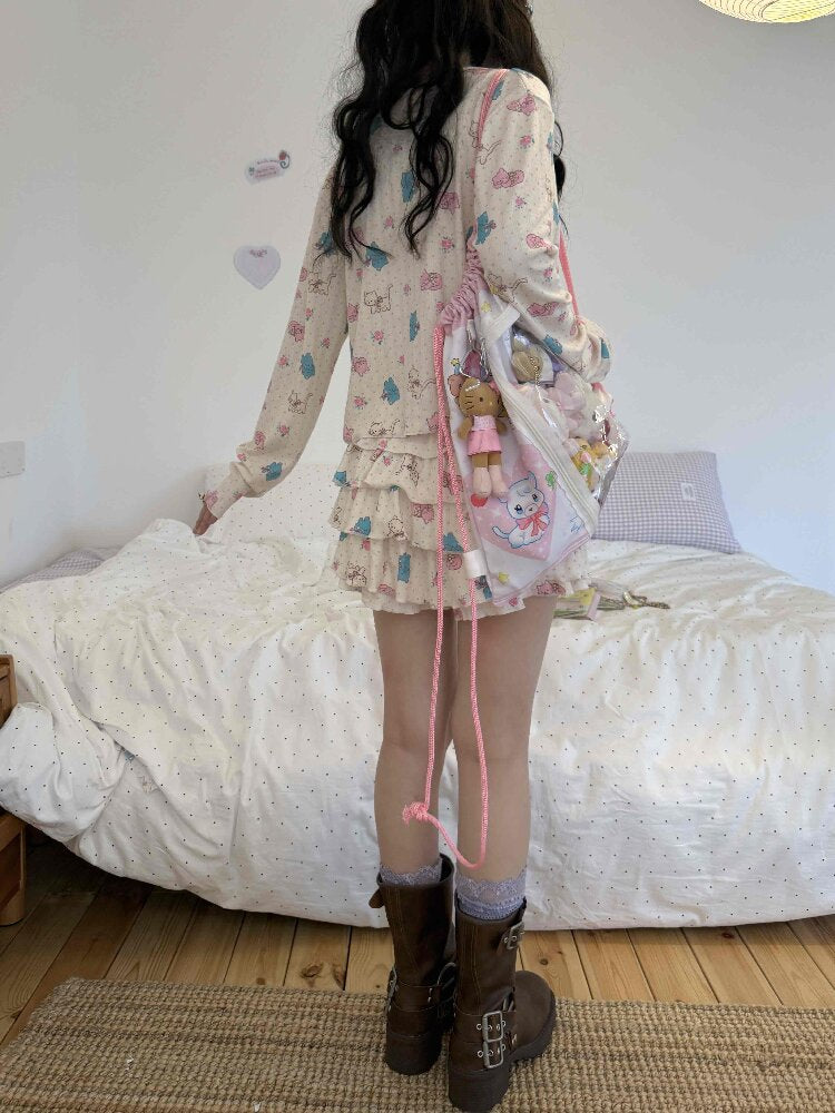 Cat Rose Print Cardigan Camisole Set【s0000017509】