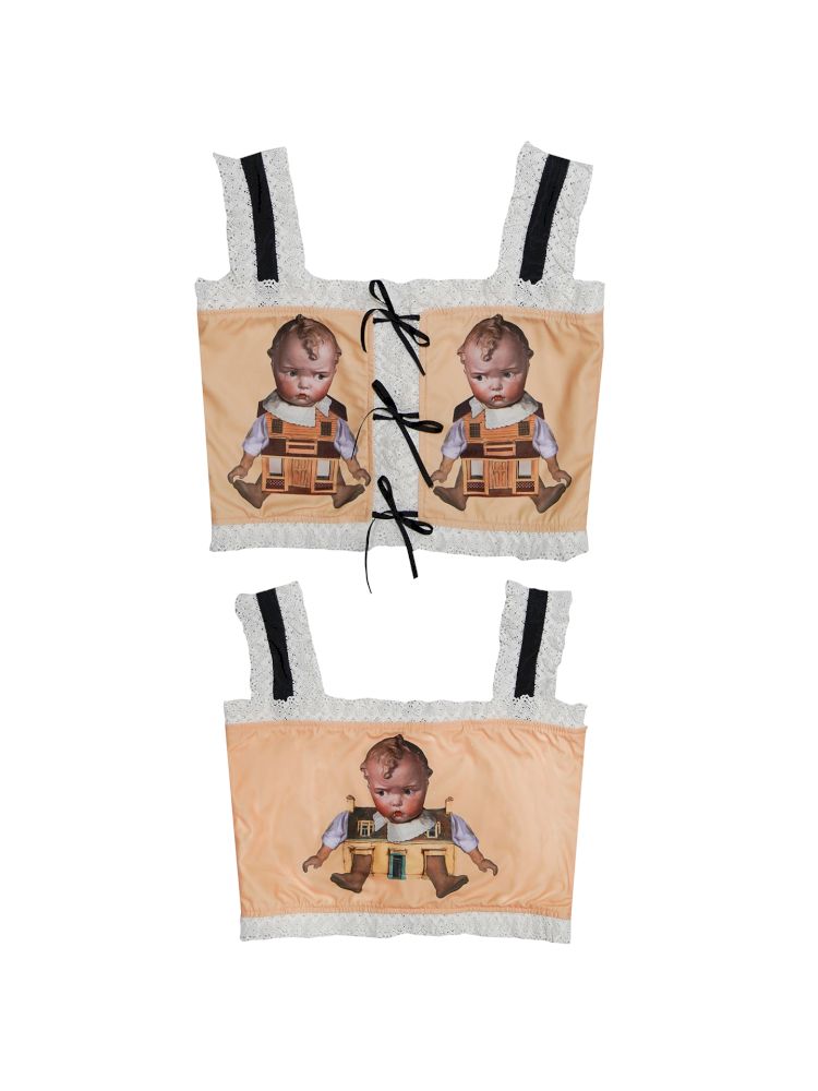 Cute doll print lace bow vest【s0000012760】
