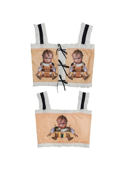 Cute doll print lace bow vest【s0000012760】