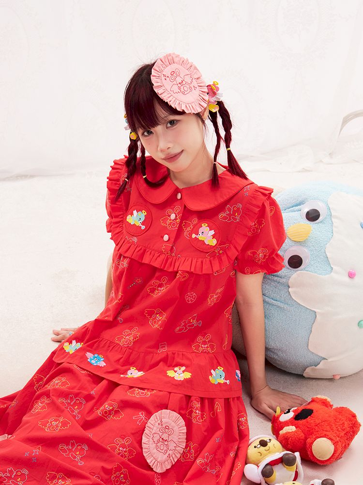 Animal angel heavy embroidery red doll shirt【s0000013184】