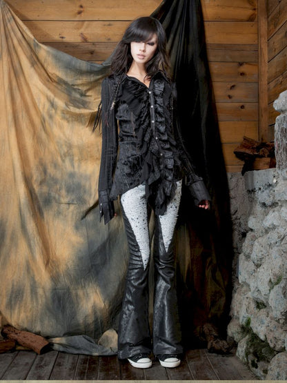 Patchwork Flared Denim Leather Pants【s0000013896】