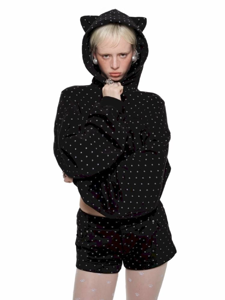 Cat's Paw Long Short Polka Dot Hooded Cardigan Sweatshirt Sweatpants Set【s0000011566】