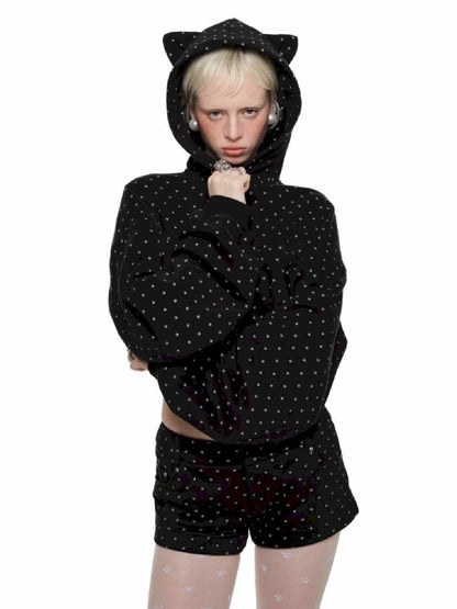 Cat's Paw Long Short Polka Dot Hooded Cardigan Sweatshirt Sweatpants Set【s0000011566】