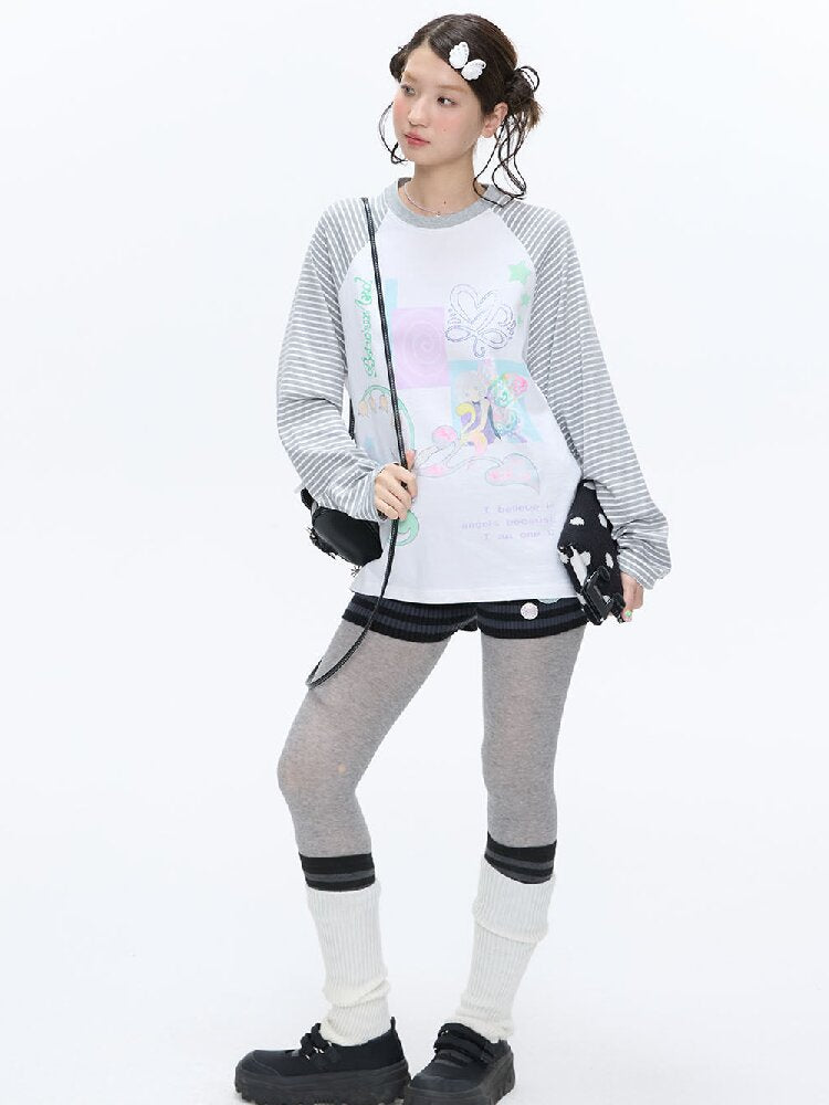 Loose Print Striped Raglan Top【s0000016378】