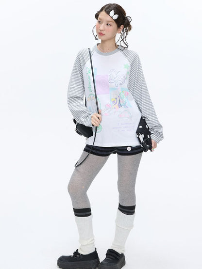 Loose Print Striped Raglan Top【s0000016378】