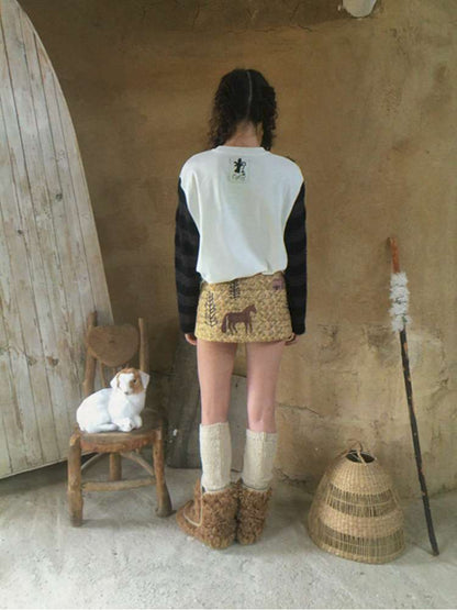 Striped Patchwork Pony Print T-Shirt【s0000014899】