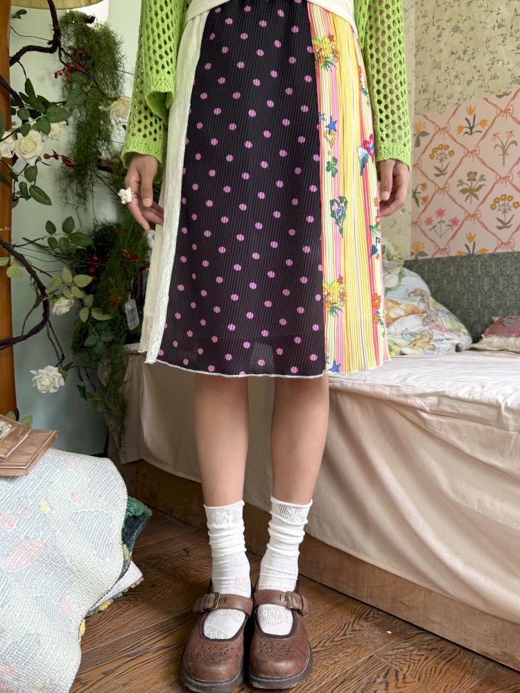 Patchwork lace print polka dot pleated skirt【s0000012769】