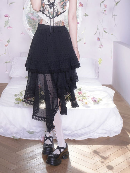 Polka Dot Irregular Hem Lace Ruffle Half Skirt【s0000007872】