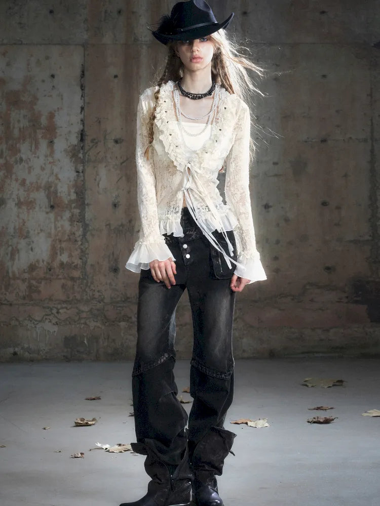 Patchwork Distressed Low-Rise Jeans【s0000013966】