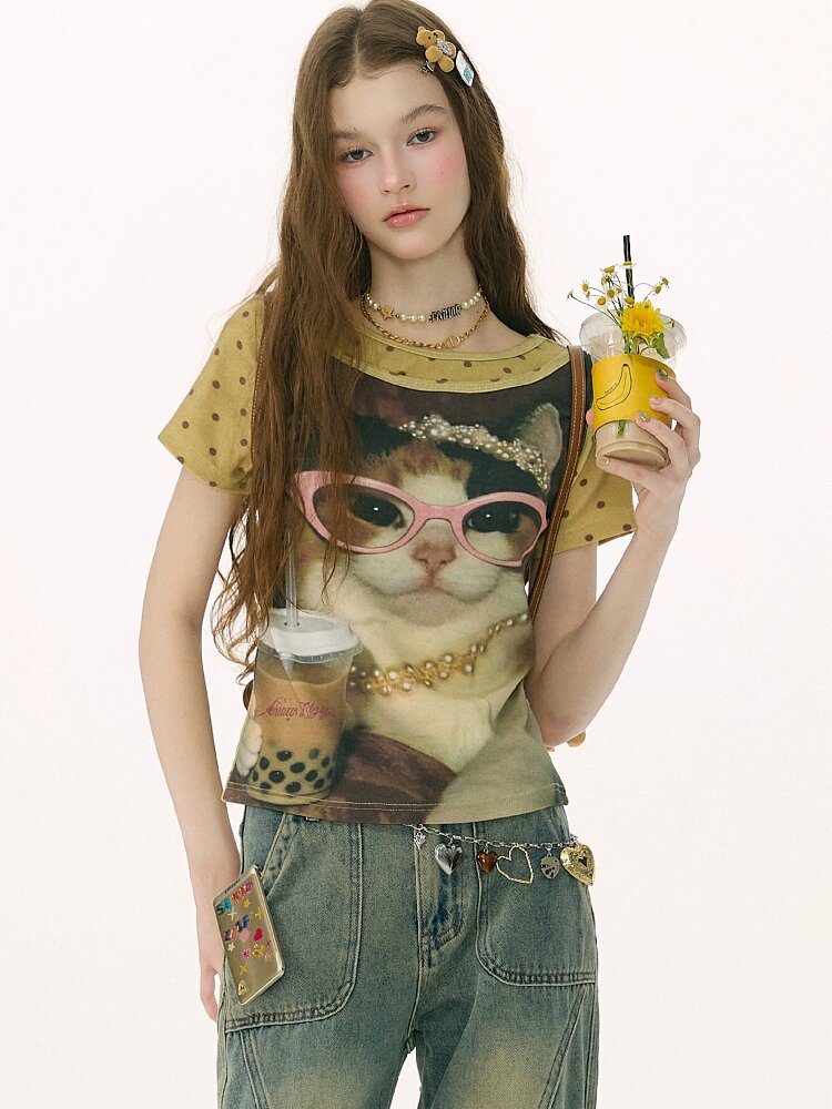 Retro Vintage Cat Print T-Shirt【s0000016855】