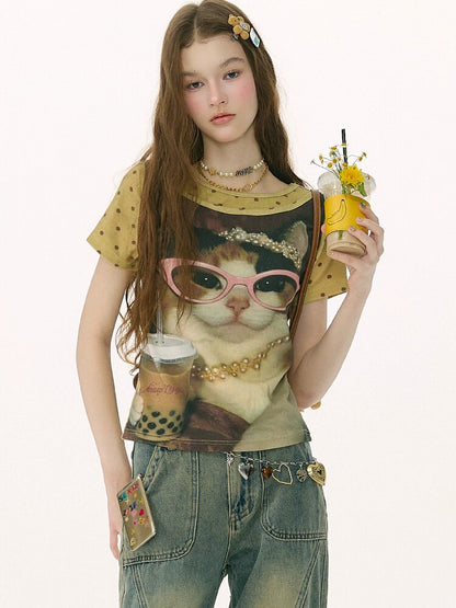 Retro Vintage Cat Print T-Shirt【s0000016855】