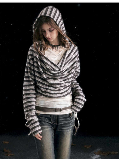 Striped Distressed Hooded Top【s0000014674】