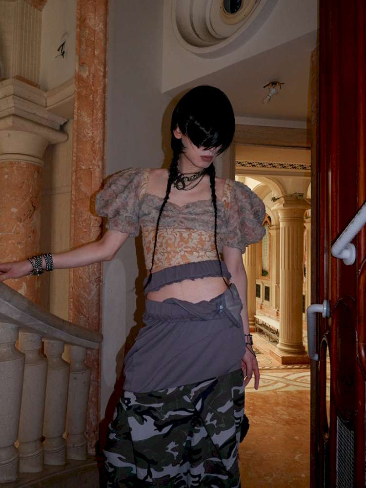 Patchwork Sheer Bud Strap Court Top【s0000015145】