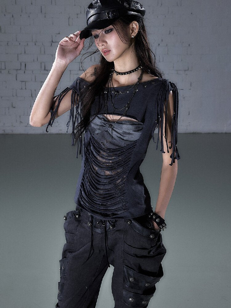 Patchwork Lace Fringe Slim T-Shirt【s0000016205】