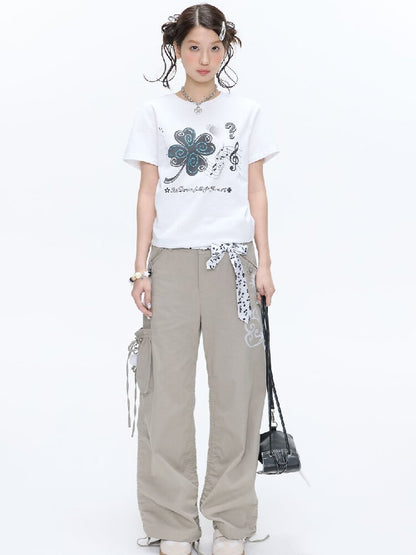 White Melody Shoulder Sleeve T-Shirt【s0000016381】