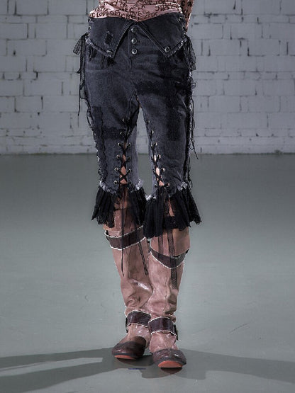 Raw Edge Lace Skinny Denim Pants【s0000016202】