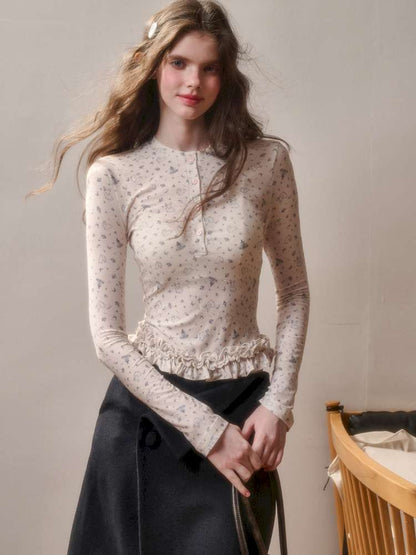 Comfortable Cotton Crew Neck Slim Lace Hem Top【s0000014895】