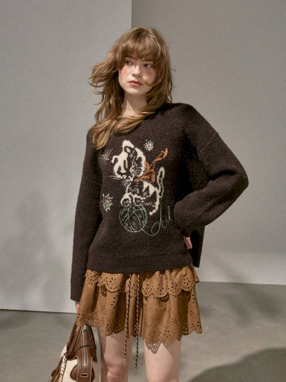 Playful Kitten Round Neck Long Sleeve Sweater【s0000014402】