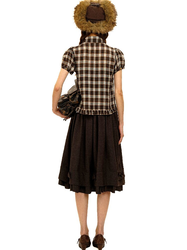 Color Block Plaid Shirt Mini Skirt【s0000017906】