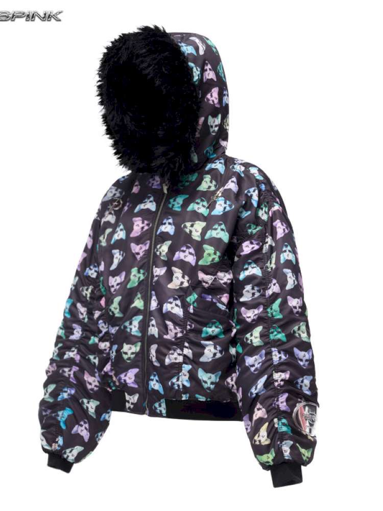 Black Metal Fur Collar Cotton Suit【s0000015129】