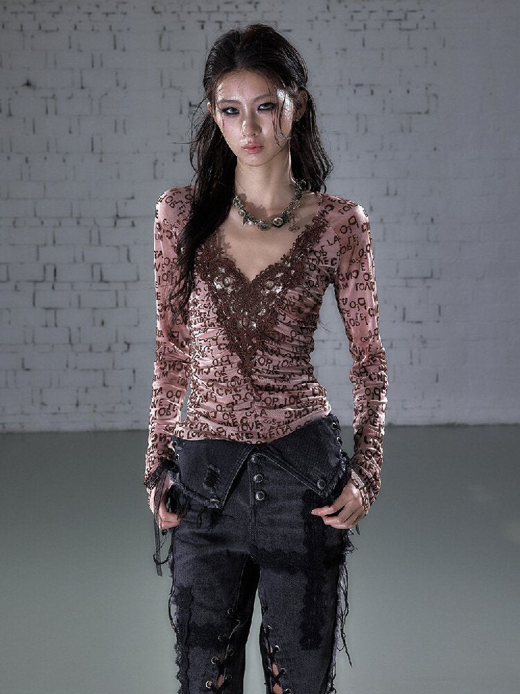 Crochet Flocked Lace Slim Shirt【s0000015934】