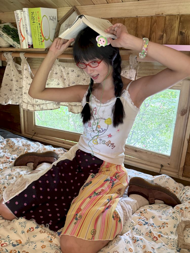 Colorful printed lace trim tank top【s0000012772】