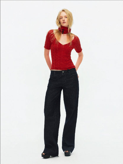 Cut Out Cable V-Neck Knit Top【s0000015928】