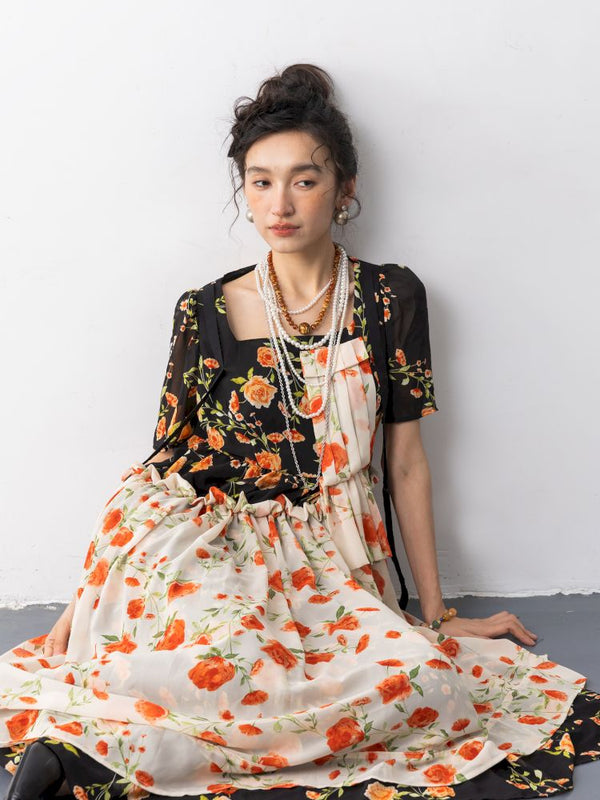 Chiffon Printed Short Sleeve Dress【s0000013316】