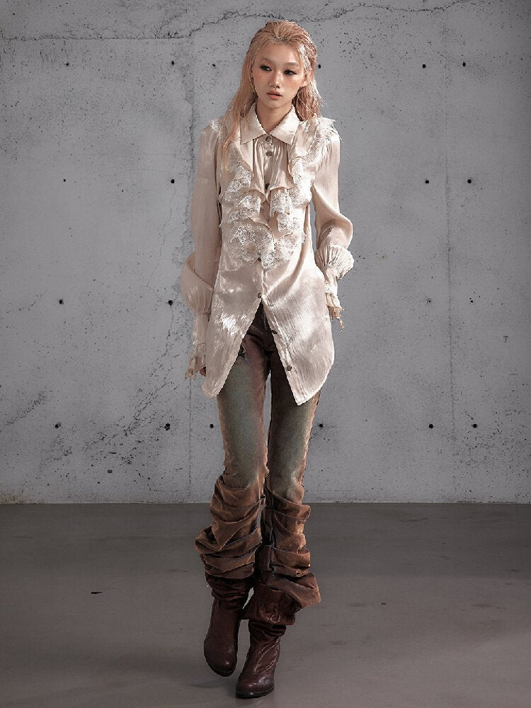 Ruffled Lace Satin Silk Shirt【s0000019157】