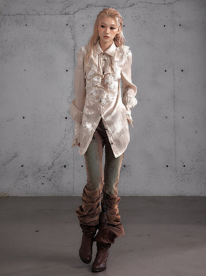 Ruffled Lace Satin Silk Shirt【s0000019157】