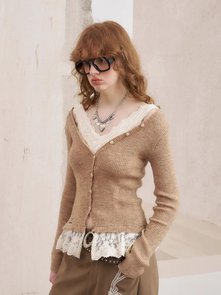 Slim-Fit V-Neck Off-Shoulder Knit Cardigan【s0000014061】