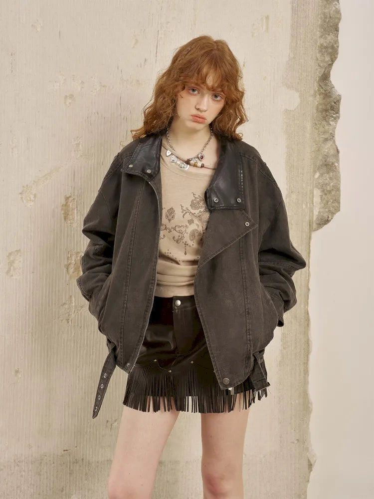 Padded Collar Patchwork Washed Denim Jacket【s0000014069】