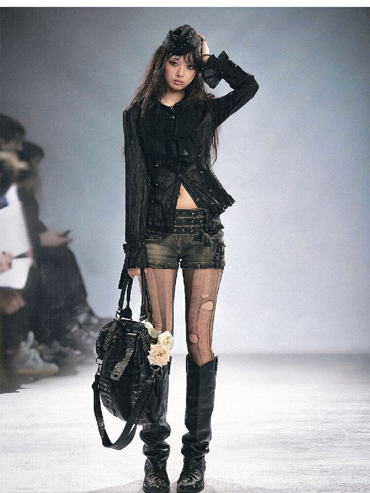 Distressed Metal Buckle Denim Shorts【s0000016285】