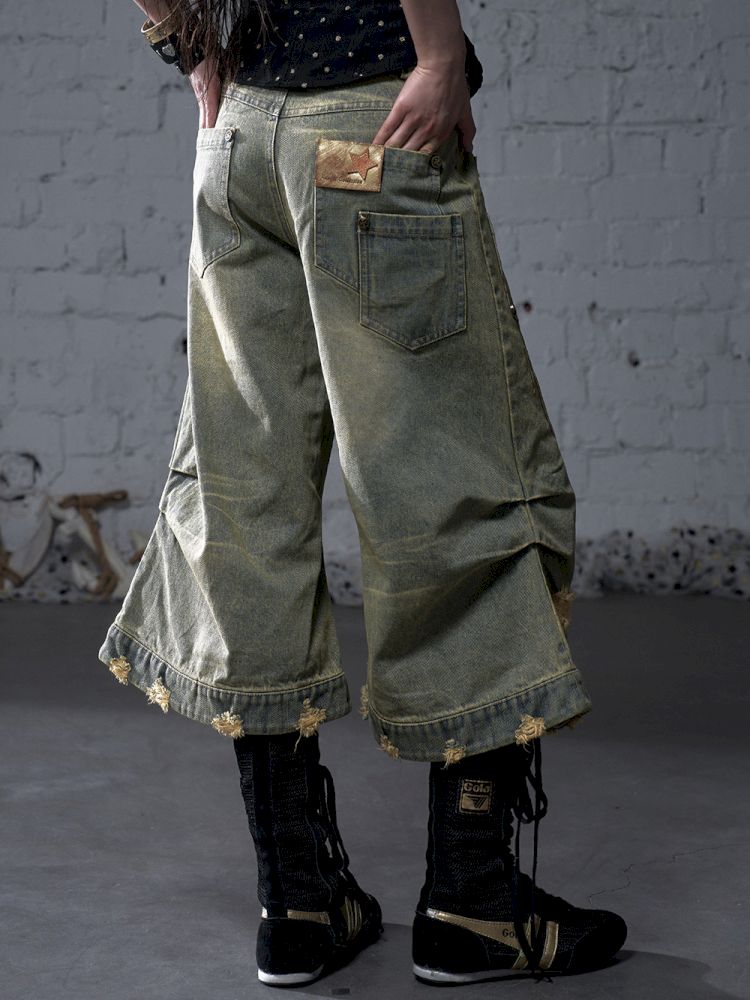 Wide-leg denim cropped pants【s0000012800】