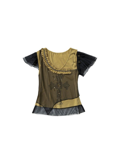 Asymmetric Spliced Mesh Rhinestone Printed Short Sleeve T-Shirt【s0000009002】