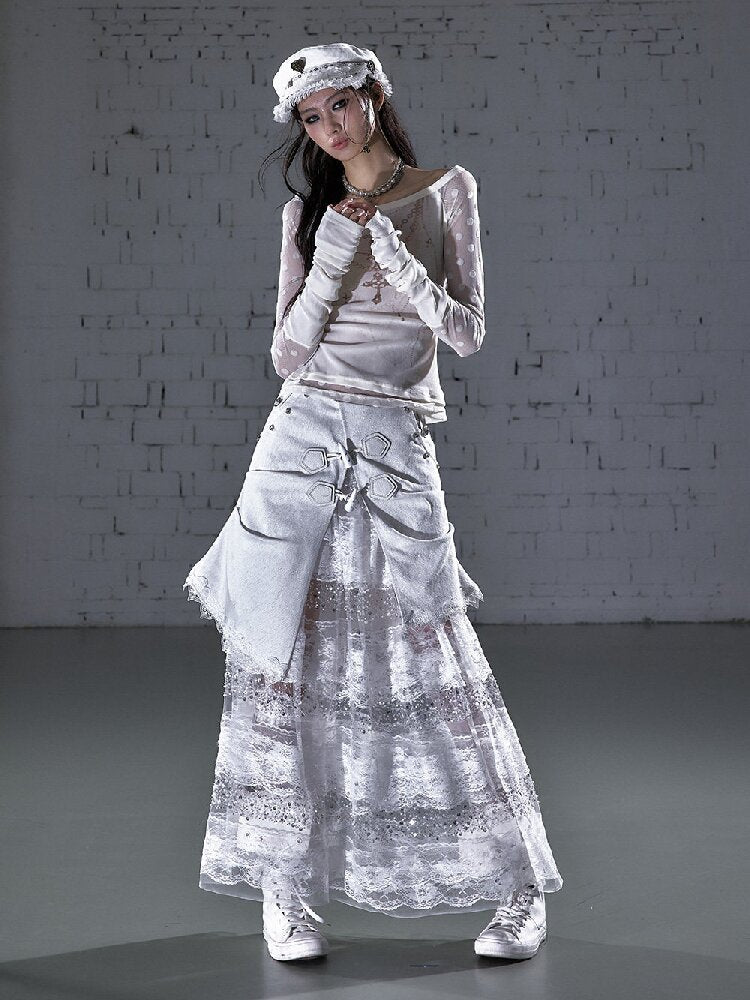 Stitched Lace Denim Maxi Skirt【s0000015940】