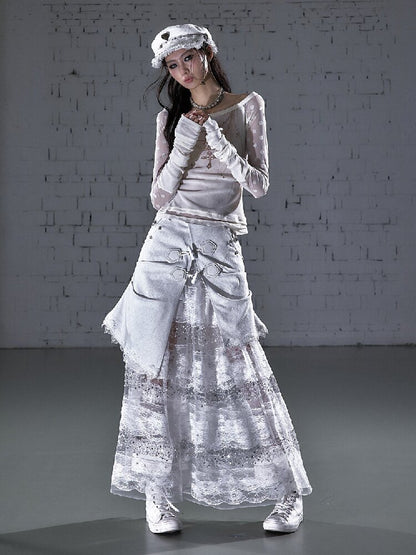 Stitched Lace Denim Maxi Skirt【s0000015940】
