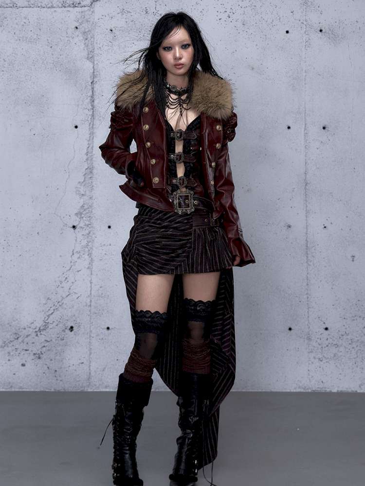 Court Punk Fur Waist Leather Coat【s0000014927】