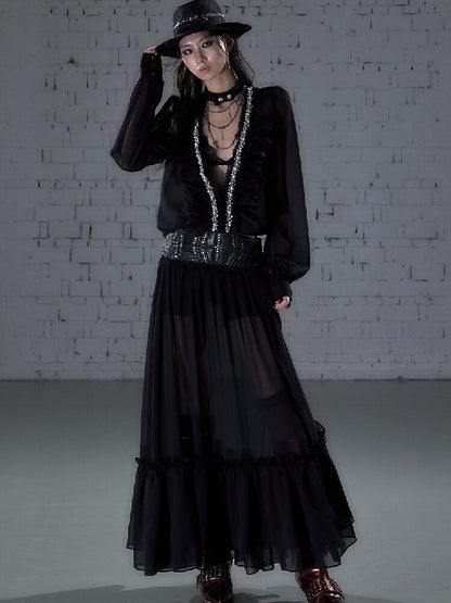 Shirring Deep V Chiffon Dress【s0000015932】