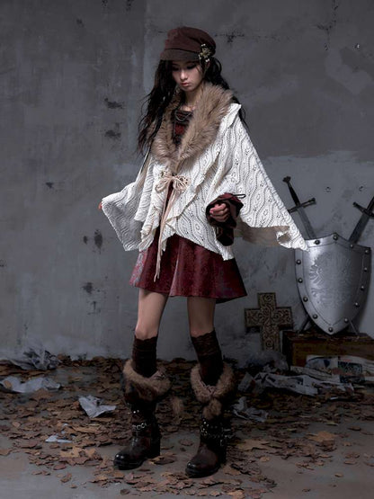 Knit Fur Collar Shawl Cape【s0000014659】