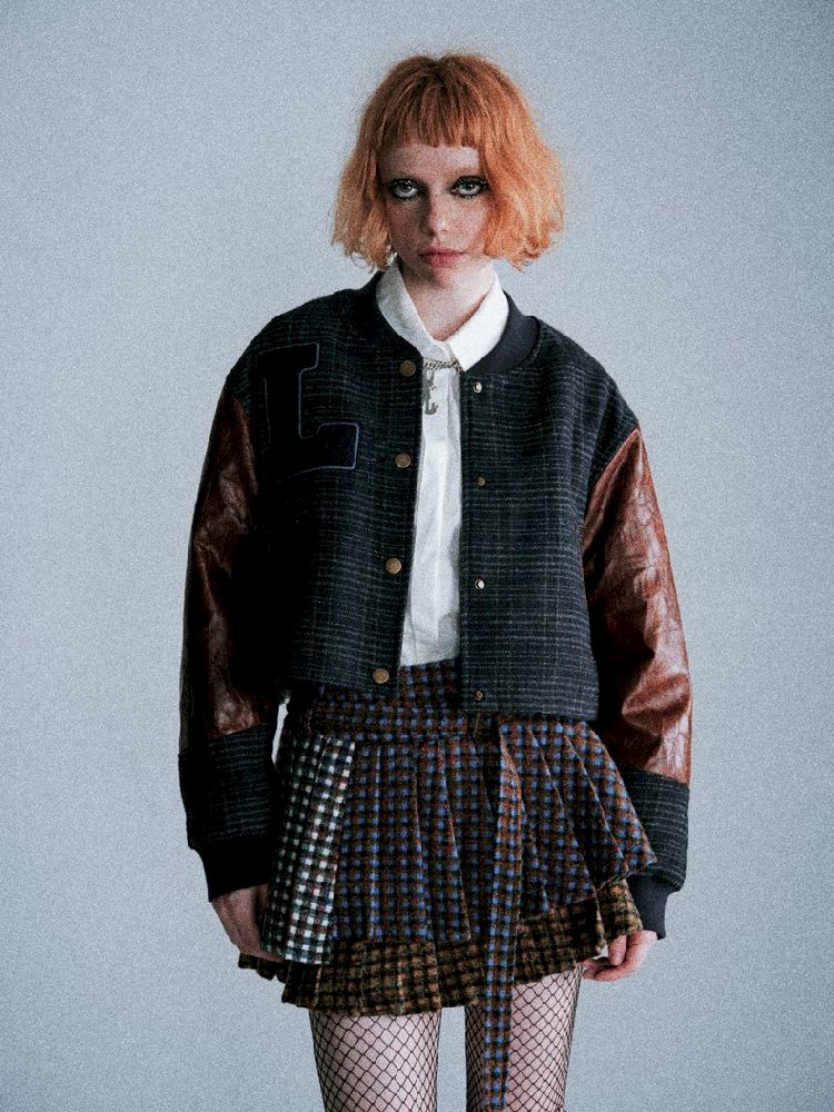 Three-color plaid splicing pleated skirt【s0000005411】