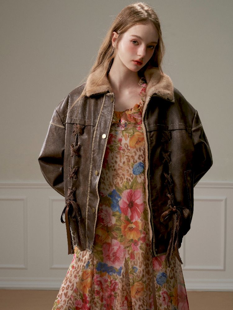 Lace Tie Brown Washed Scrub Color Fur Coat【s0000005321】