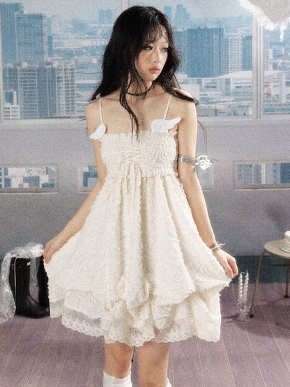 Shirred Lace White Texture Dress【s0000016278】