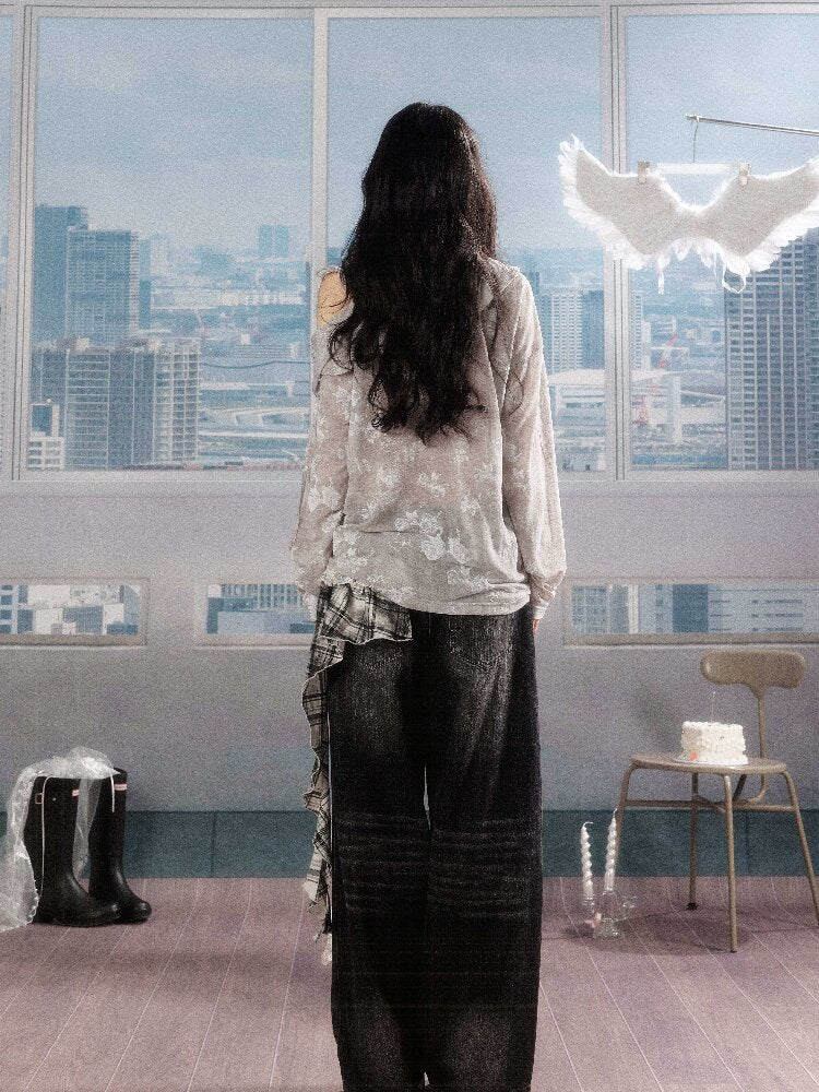 Plaid Ruffled Wide Leg Jeans【s0000016268】