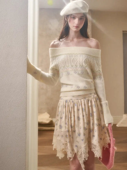 Fresh and Soft Cotton Sweater, Scarf, Floral Skirt【s0000014323】