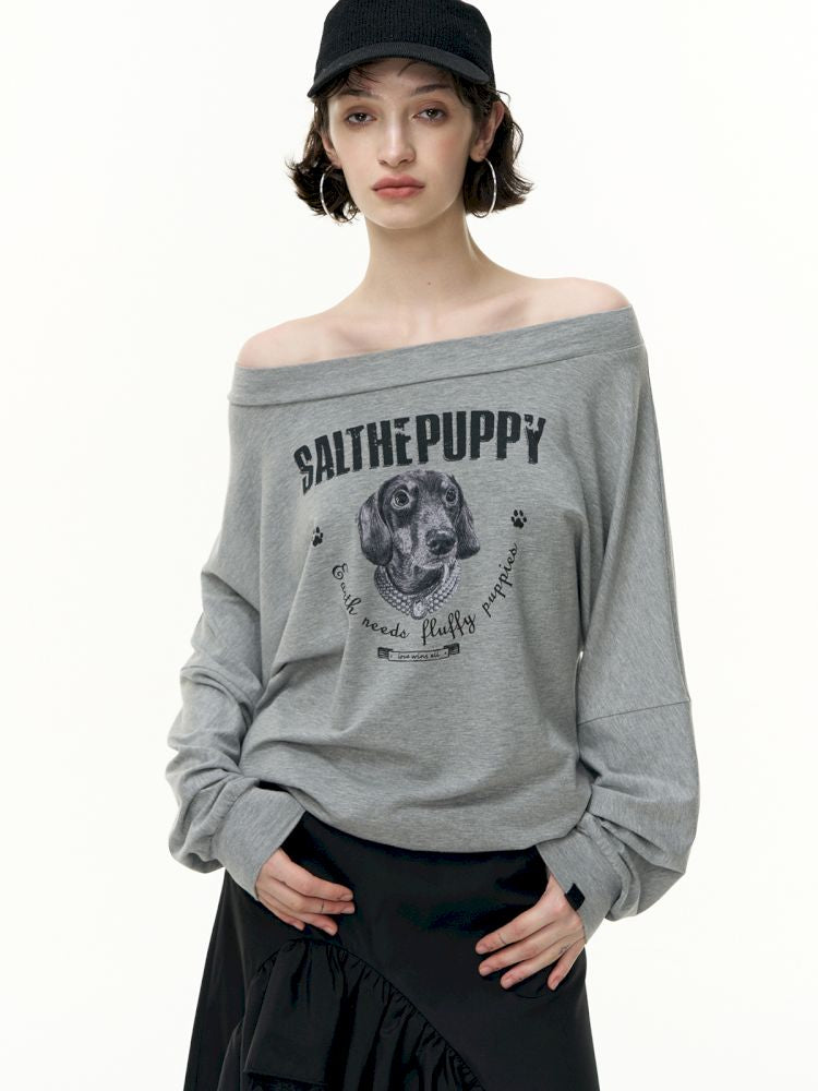 Puppy Printed Slant Shoulder Long Sleeve T-Shirt【s0000013744】